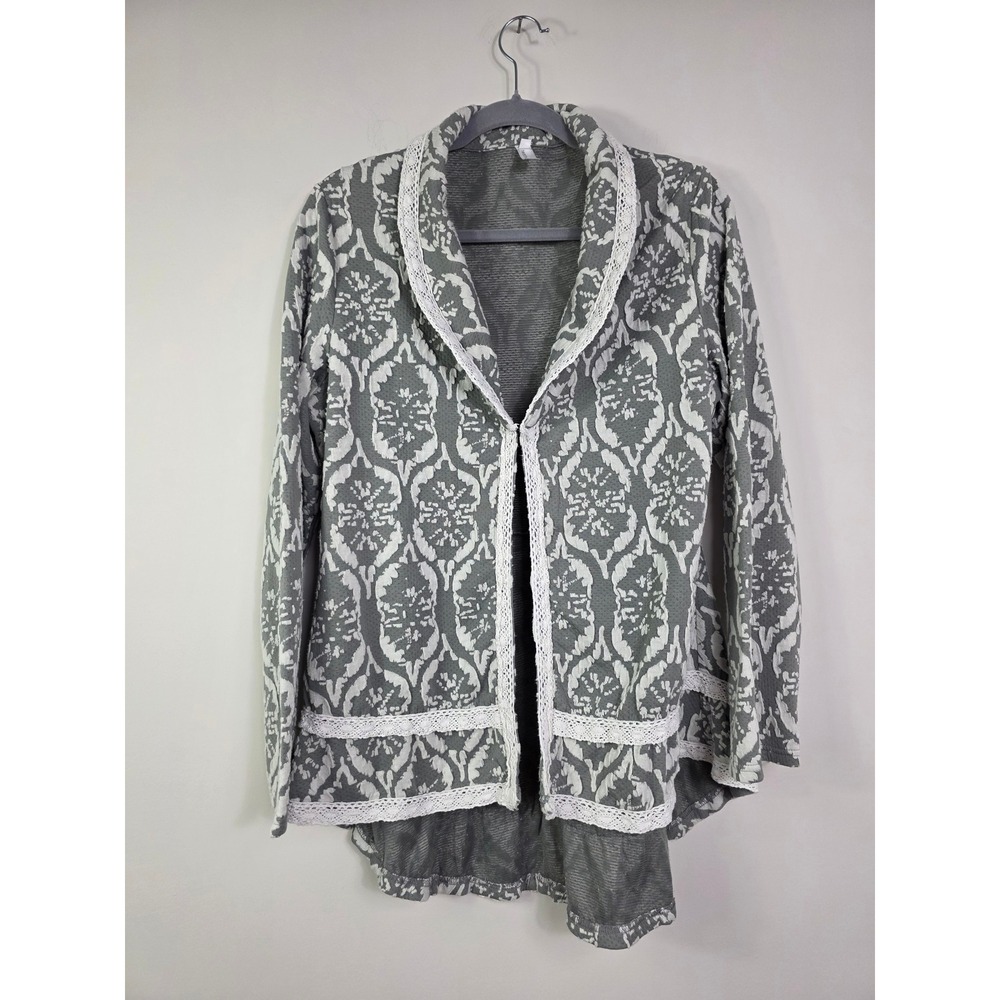 Heathmoor Gray and Cream Lace-Trim Patterned Knit Cardigan Size L
